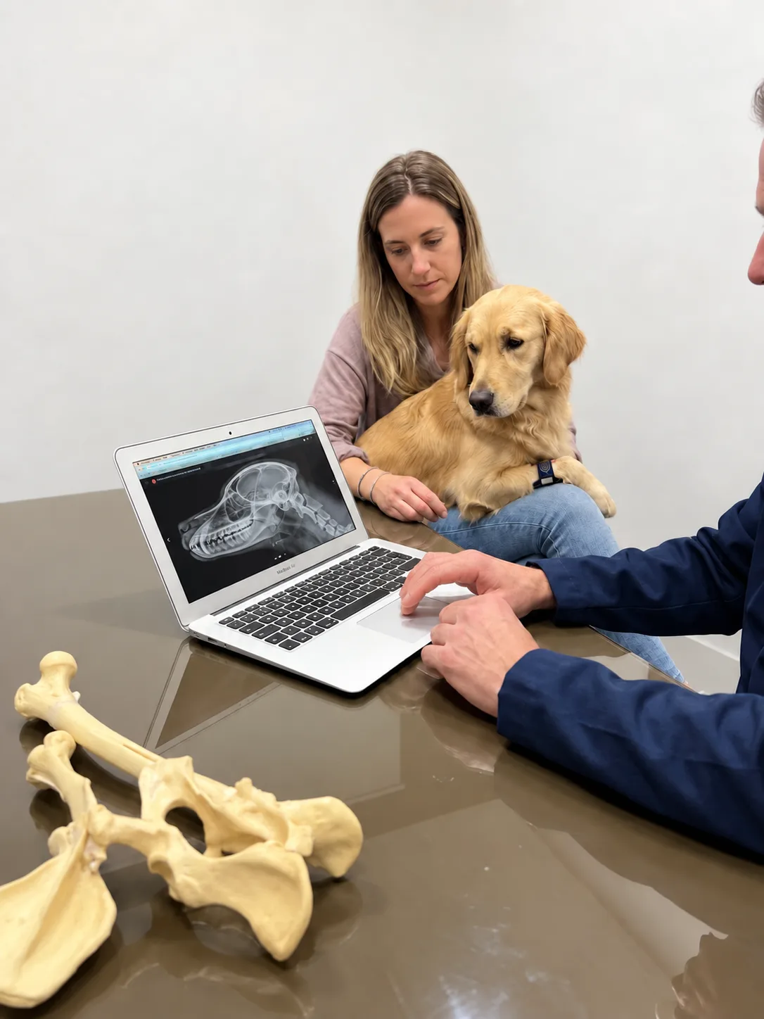 Cão no colo da tutora durante conversa sobre exame de imagem