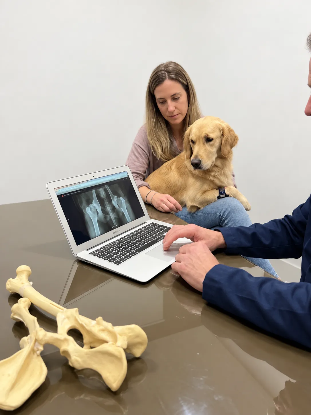 Tutor com cão durante conversa sobre exame de imagem